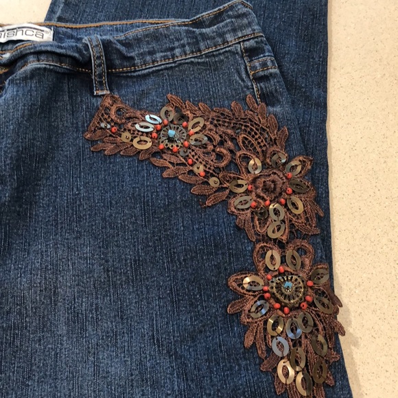 MISHCA HIGH WAISTED EMBELLISHED CROPPED DENIM JEANS BLUE BROWN PLUS SIZE 14 - Picture 6 of 13